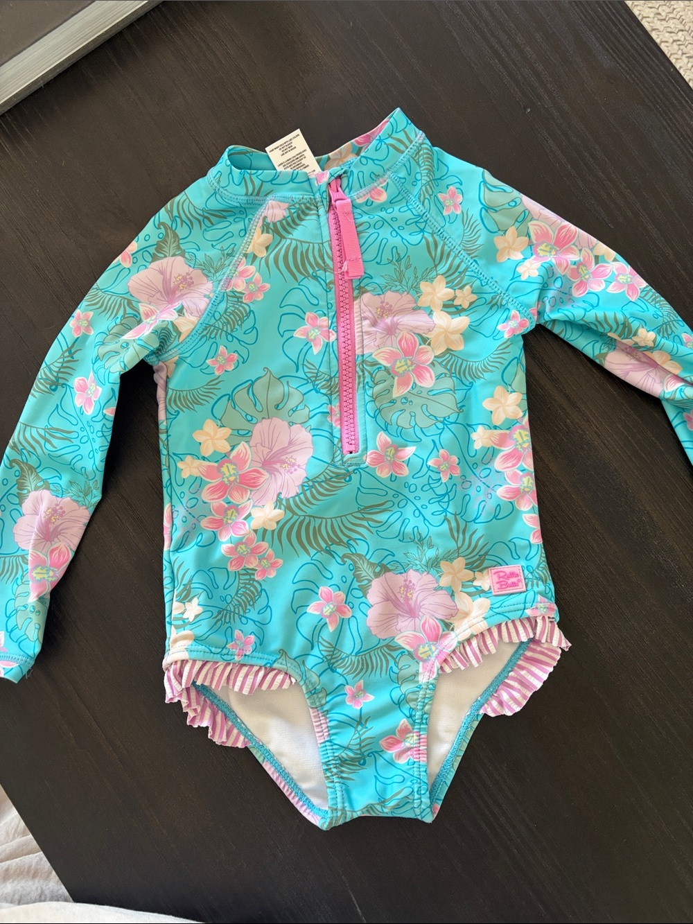 Ruffle Butts Turquoise & Pink Floral Long-Sleeve One-Piece Swimsuit